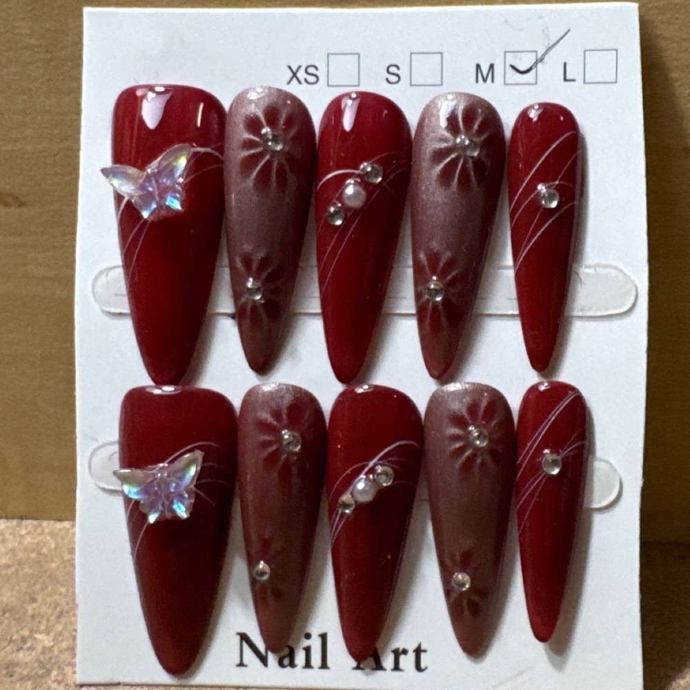 Red Butterfly Press On Nails Long‎ Stiletto 3D Floral Rhinestone Nail Art Size M